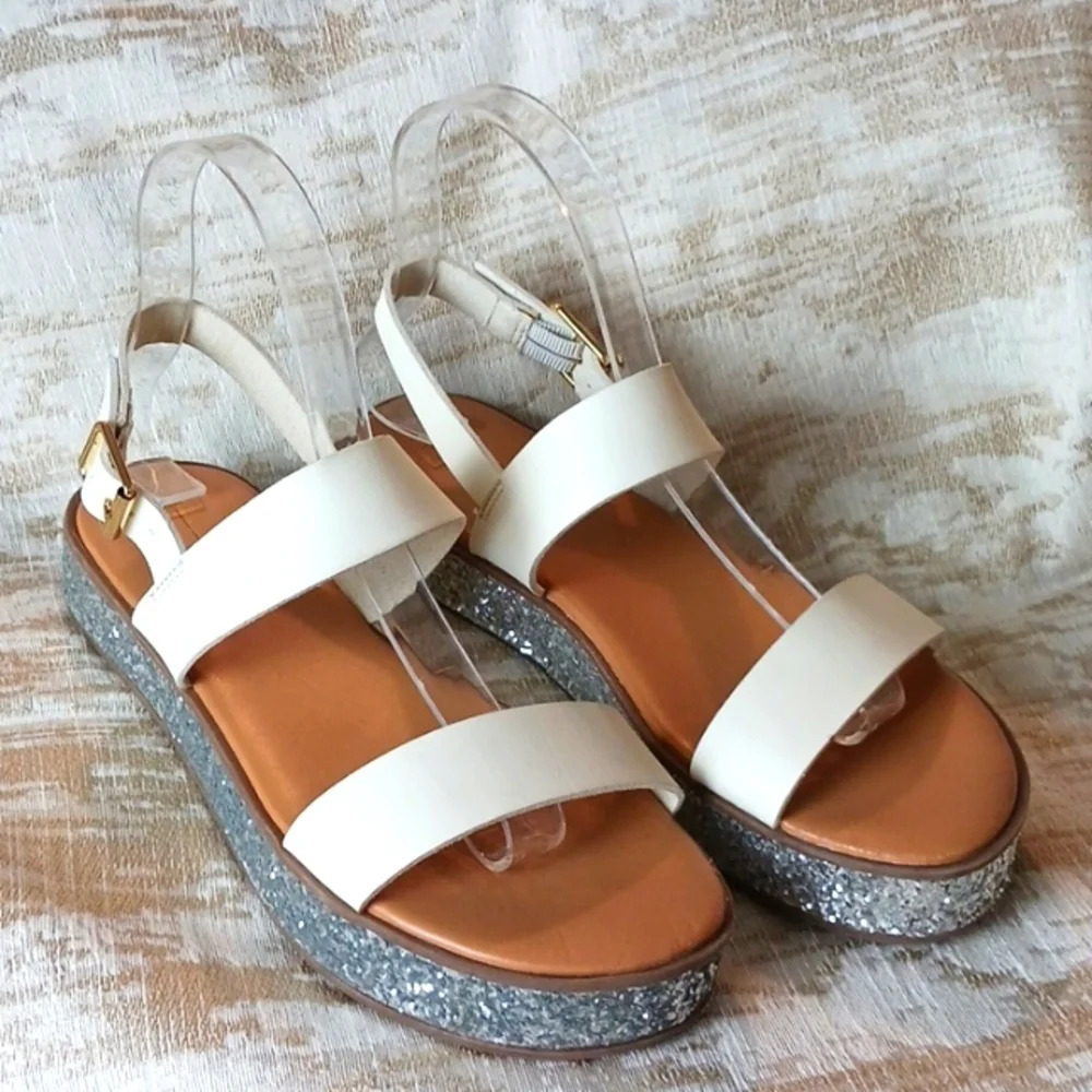 J Crew Jessa Flatform Silver Glitter Sandal Women White Size7 M